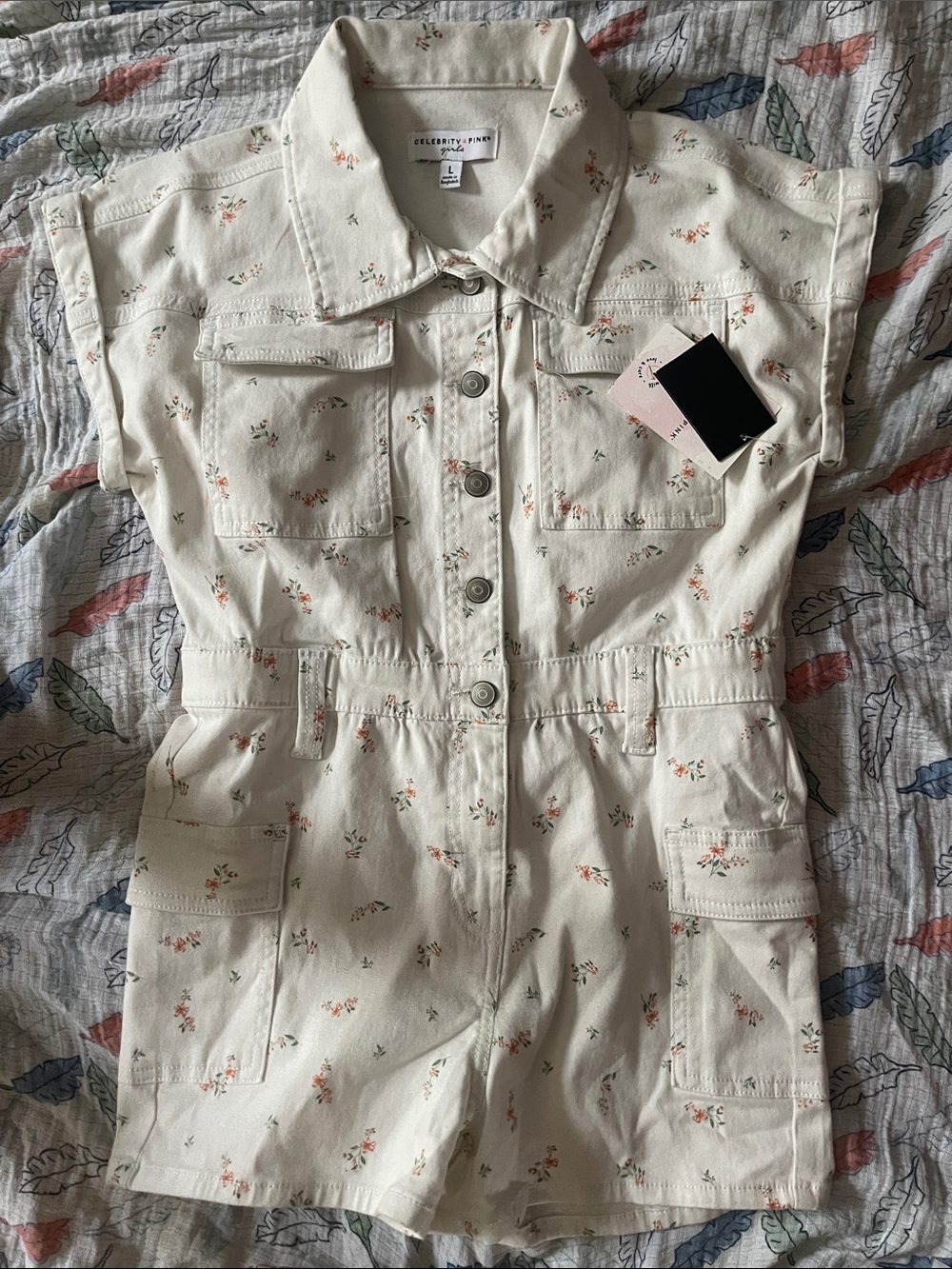 NEW Celebrity Pink Cream Floral  Romper girls large with Tiny Pink Blossoms